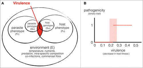 Fig. 1. Spatial schema representing how the virulence of an infection arises (A) and how a biological association moves from virulence to pathogenicity (B). Note that in (A) the genotype only partly determines the phenotype and that the environment includes many factors (e.g., multiple infections). In (B), one needs to set a threshold value in order to decide when a parasite is virulent enough to be considered a pathogen. The rectangle illustrates the uncertainty in defining such a value.