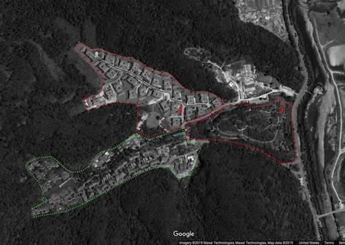 Figure 4. General layout of Ahn Luh Lanting. Legend: (1) Ahn Luh hotel, (2) Residential villas, (3) Cherry tree garden.