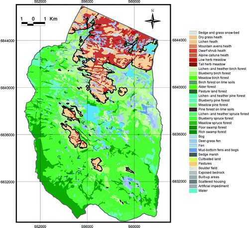 Fig. 8.  Vegetation map and the continuous upper forest limits (black line) of PNV. Map projection WGS84/UTM zone 32.