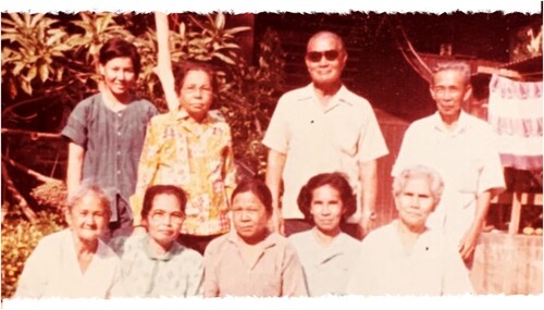 Figure 1. Family and visitors in front of Pa Jan and Lung Wang’s house at Baan Bang Krasae in the late 1970s. My mother, grandmother, grandfather and Lung Wang are standing (left-to-right). Pa Jan is sitting in the centre.