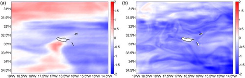 Figure 7. Sea surface maps of SST anomalies, comparing (a) MERCATOR-SST and (b) ROMS-SST, with satellite-derived SST (GHRSST), for the 27th June 2014.