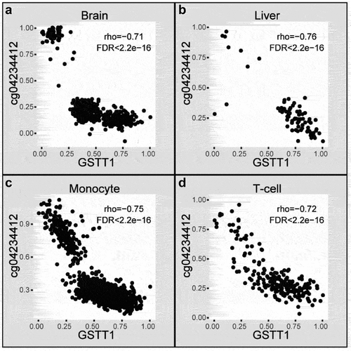 Figure 3. An example of cGCPs shared across four tissues. Scatter plots of GSTT1 expression level (X-axis) and cg04234412 methylation level (Y-axis) in the aged brain (a), liver (b), monocyte (c), and T-cell (d). Brain, aged brain.
