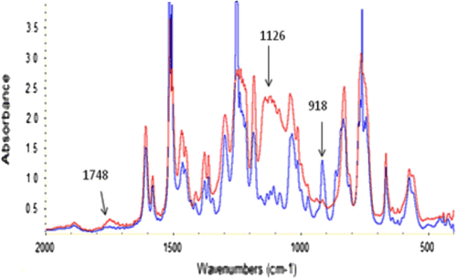 Figure 4 Overlay FTIR spectra of the formulation of DGEBA with 10% of FSOC prior to UV irradiation (blue spectrum) and of the polymer after 3 min of irradiation (red spectrum).