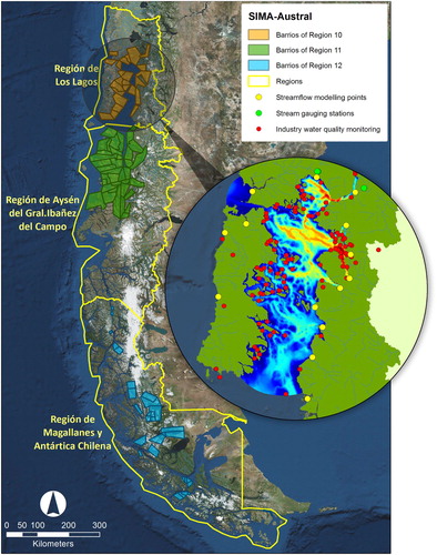 Figure 3. Map of southern Chile showing the extent of environmental and ecosystem models, and the occurrence of salmonid and mussel farming leases. The inset of the Los Lagos Region also shows stream gauge and water quality monitoring stations.