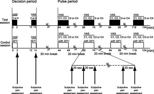 Figure 4. Timeline of the study. In the test session, assessment of temperatures for the cold and heat stimuli were conducted in a random order using a quantitative thermal stimulator device (device 1) 10 min apart (decision period). The painful thermal pulse stimulation sequence (pulse period) was initiated 30 min after the decision period. Subjective sensations were assessed via open questioning after evaluating the temperatures for the cold and heat stimuli during the decision period and for every 20-s interval in the pulse period (total duration of 5 min). The order of the four conditions (condition 1, condition 2, condition 3 and condition 4) was randomly assigned, with a 20 min break between conditions. The pain intensity resulting from painful thermal pulse stimulation was rated continuously using the electronic visual analogue scale (VAS). In the control session, a neutral temperature (32 °C) was applied and the same protocol was performed. C or H: Assessment of temperature for cold and heat stimuli, VAS: visual analogue scale. C1 (condition 1, control): One quantitative thermal stimulator device was placed on the non-dominant forearm. C2 (condition 2, ipsilateral segmental integration): Two quantitative thermal stimulator devices were placed on the non-dominant forearm, 5 cm apart. C3 (condition 3, extra-segmental integration): Two quantitative thermal stimulator devices were placed on the non-dominant forearm and ipsilateral thigh. C4 (condition 4, contralateral segmental integration): Two quantitative thermal stimulator devices were placed on the bilateral forearms.