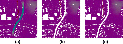 Figure 8. Data-set 5: Post processing. Purple points shows terrains and others represent objects. (a) is the detected terrain points of MST-based method, (b) is the post processing result of (a) using morphological opening operation. (c) is the corresponding result of TIN-based method.