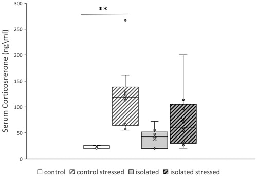 Figure 2. Serum corticosterone levels in isolated and control mice either exposed or not exposed to the stress paradigm. Mice reared in social isolation or standard environment for 12 weeks were exposed or not to a stress paradigm at 10 weeks of age. Levels of corticosterone were measured at 16 weeks. The stress paradigm resulted in a significant increase in corticosterone levels in control mice but not in socially isolated mice. Values are presented as mean ± SEM (isolated, stressed – n  =  9, isolated, non-stressed – n  =  10, control, stressed – n  =  9, control, non-stressed – n  =  6, p < .01). **p < .01.