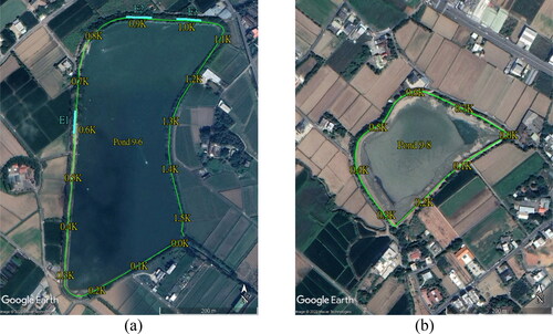 Figure 10. Distance (K: km) of GPR detection of ponds in the Taoyuan Canal, as well as Sections E1, E2, and E3 of the ERT survey lines: (a) pond 9-6; (b) pond 9-8.