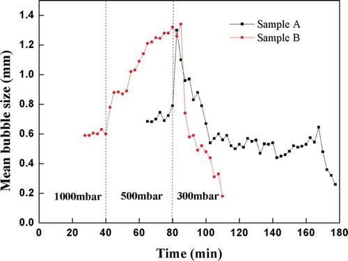 Figure 11. The time development of the mean bubble sizes during the course of The HTO tests