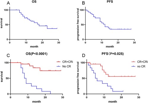 Figure 4. Survival. (A) Overall survival (OS) of the whole cohort (N = 36). (B) progression-free survival (PFS) of the whole cohort (C) OS based on composite complete remission (CRc) (D) PFS based on CRc.