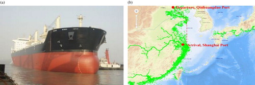 Figure 2. Bulk carrier and its route. (a) selected ship. (b) Chinese coastal water.