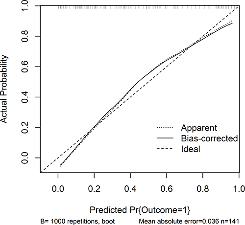 Figure 10 Calibration curve verifying the stability of prediction model for prognosis of acute intracerebral hemorrhage. The calibration curve analysis showed that the prediction model was stable because of the comparatively small mean absolute error.