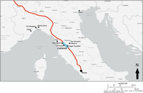 Figure 1. Map of Italy with sites mentioned in this paper, the Valdelsa (in blue), and the Via Fancigena (in red) indicated. Map: C. Boschetti, adapted from Digital Atlas for Roman and Medieval Civilizations (https://sohp.fas.harvard.edu/digital-atlas-roman-and-medieval-civilizations).