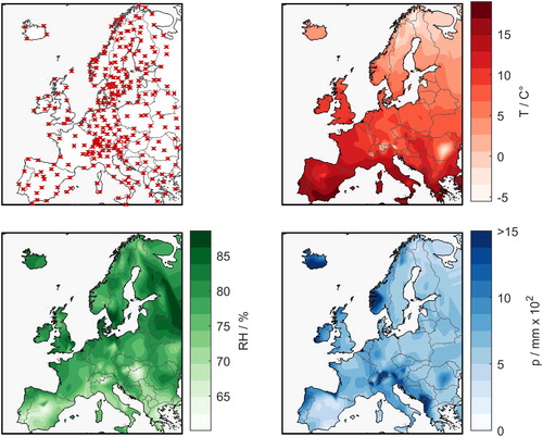 Figure 7. Geographical sites used in the analysis (top left), average annual temperature (top right), average annual relative humidity (bottom left) and cumulative annual precipitation (bottom right).