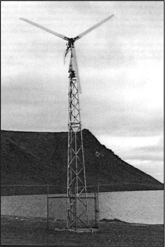 Fig. 1 A 10-kW wind generator in Gamble on St. Lawrence Island. (Photo credit, S. Konkel, 1983)