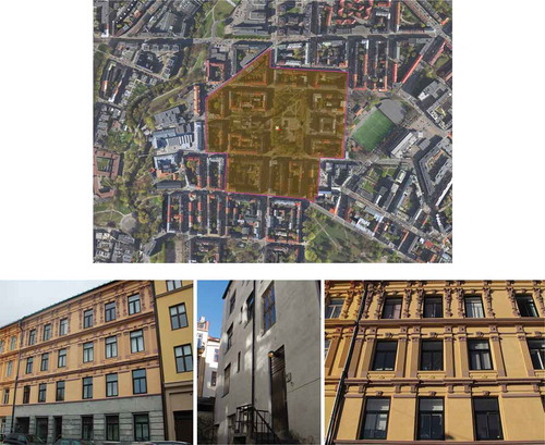 Figure 2. The case study building used in Norwegian project CulClim is situated in the area of Grünerløkka, a district planned and built around 1880/90 as part of a booming industry. The highlighted field in the same image marks the conservation area. Below, exterior pictures of the facades of the case study building. Restrictions apply when altering the facades and the staircases. Map: Riksantikvaren. Photo: NIKU.