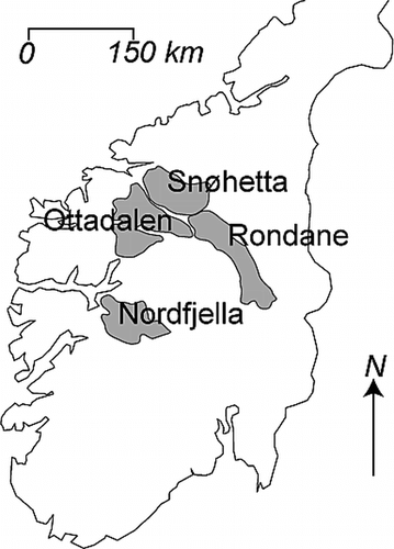 Figure 1 Location of the study areas Rondane, Nord-Ottadalen, Snøhetta, and Nordfjella wild reindeer regions in Southern Norway.