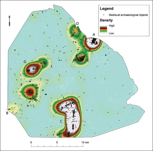 Fig. 4. Density map of medieval archaeological objects that were found in the Noordoostpolder. A = Kuinre, B = Urk, C = Schokland, D – G = drowned settlements.