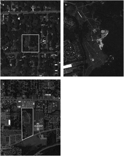 Figure 7. a-c. Satellite aerial views of the three definite proximate cemeteries (as of 2020) discovered in the Belt. The criteria were for there to be prominent visibility of adjacent communities and confirmation of not being part of a larger non-Islamic cemetery. Images courtesy Samiha Meem.