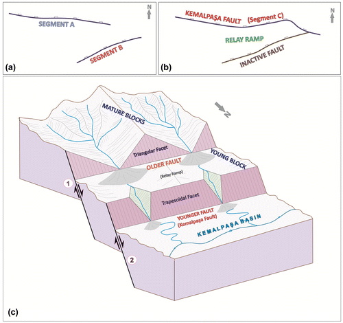 Figure 9. Geologic evolution of the Kemalpaşa Fault. (a) En échelon fault tips propagating towards overlap during the NE-SW crustal extension. (b) Breaching of the relay ramp and formation of a new connecting normal fault. (c) Block diagram showing basinward younging of the active fault segments. Note the presence of triangular facets along the older and inactive mountain front and trapezoidal facets along the younger mountain front.