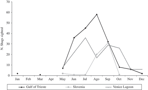 Figure 3. The proportion of all Shags colour-ringed in Croatia seen each month in the main post-breeding areas. Lines drawn in order to visualize trends only.