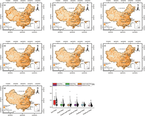 Figure 12. Spatial distribution of OSM data quality at the grid scale in China in (a) 2014, (b) 2015, (c) 2016, (d) 2017, (e) 2018, (f) 2019, and (g) 2020. (h) OSM data quality in six geographical regions in China at the grid scale.