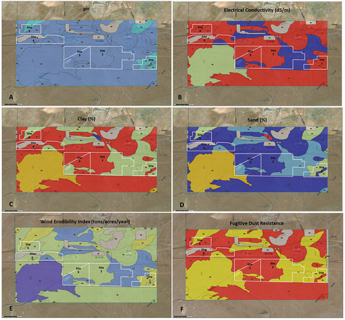 Figure 3. Chemical, physical, and other parameters of soils in the sampling area as indicated by the USDA web soil survey database. A. pH: light blue (7.6–7.7), blue (7.9–8.2). B. Electrical conductivity (dS/m): light green (2), red (1), dark blue (5.5). C. Clay (%): light green (16–17.9) yellow (11.8–13.3), red (4) dark blue (24.6). D. Sand (%): light green (61.5–74.6), yellow (52.7), light blue (74.6–79.2)-, dark blue, red (40.3). E. Wind erodibility index (tons/acres/year): yellow (86), light green (134), blue (220), dark blue (250). F. Fugitive dust resistance: red (moderate), yellow (low) (Data: USDA WSS).