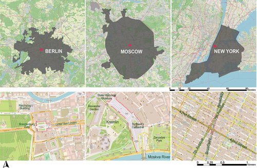 Figure 2. Location of the squares (a. Paris Square, b. Red Square, c. Times Square).[Footnote1]