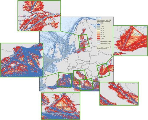 Figure 5. Difference in CO2 emissions for 2010 between the original EDGARv4.3.1 grid maps and the new grid maps published here using LRIT in the Mediterranean, Black and Baltic Seas. Focus in the Adriatic and Black Sea shows red dots, indicating the increased marine traffic, which is representative for the port activities around these seas; focus on the Ionic Sea shows a displacement of the traffic near the coast of Italy and Greece; focus on the Ligurian and Balearic Seas shows blue dots, indicating the decreased marine traffic; focus on the Baltic Sea shows a more diffusive distribution than what was originally suggested by CitationWang et al. (Citation2008).