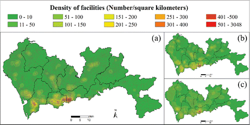 Figure 4. The spatial distributions of facilities: (A) foodservice facilities; (B) recreational facilities; (C) shopping facilities.