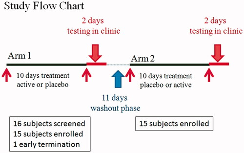 Figure 1. Study flow chart. Fifteen of the 16 subjects screened were randomized in the study with 15 in the PHYLLPRO™ and placebo group, crossed over and included as the per-protocol final analysis. Subjects who received PHYLLPRO™ during Arm 1 received placebo during Arm 2. Subjects who received placebo during Arm 1 received PHYLLPRO™ during Arm 2.