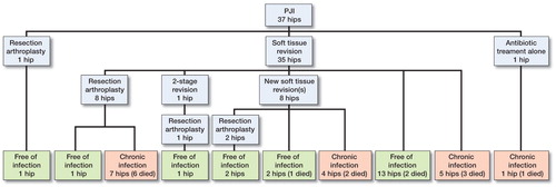 Figure 1. Flow chart of treatment and outcome in 37 hips with early PJI.