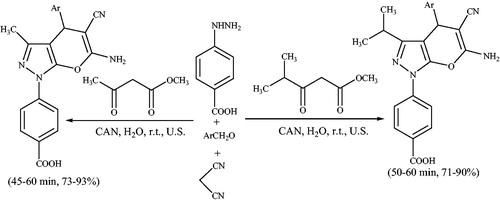 Scheme 130. Preparation of dihydropyrano[2,3-c]pyrazole derivatives in the presence of CAN and under ultrasonic irradiation.