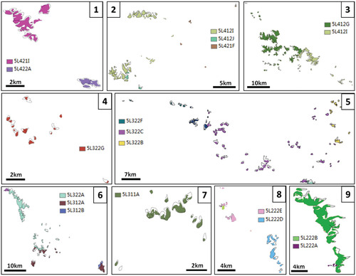 FIGURE 2. Glacier change in the nine investigated subregions labeled in Figure 1. Glacier outline for the glacier inventory of China (GIC) 1st is depicted by black hollow polygons; filled polygons are of the GIC 2nd and colored by different drainage codes listed in Table 3.