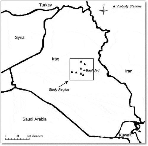 Figure 1. Map showing visibility monitoring stations in Iraq study region.