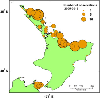 Figure 3 The number of observations of A. catenella recorded at weekly phytoplankton monitoring stations, 2005–2013.