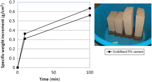 Figure 10 Weight increment per immersed surface during the absorption tests.