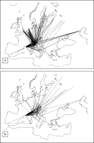 Figure 2.  European flyways of (2a) mallard and (2b) common teal (Chelini, Citation1984).