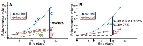 Figure 1 T/C and percent tumor growth. Experimental example to illustrate the concepts of T/C (A) and %Gr (%GrI) (B). Tumor growth curves of untreated control ((C(t), blue) or treated tumors (T(t), red) are shown as tumor volume (or mass) relative to the volume (mass) at the start of treatment, over time, in days from the treatment start. Black arrows indicate treatment days. (A) The T/C ratio is calculated at all measurement times (93% on day 4, 68% on day 7, etc.). The lowest value (“best T/C” or simply “T/C”) is perceived as a measure of the percentage of cells surviving the treatment. This implicitly assumes that i) the effects of treatment are exhausted at the time of the best T/C; ii) only survivors contribute to the tumor volume at that time; and iii) survivors expand unaffected by treatment, with the same growth law as controls (S(t) = S C(t), where S is the fraction of survivors). The dashed line represents the putative growth curve of surviving cells. (B) %Gr (%GrI) is calculated from the ratio of the volume increments in treated and control samples between the start (day 0) and end (day 15) of treatment. %Gr is indicative of the growth rate reduction during treatment, ranging from 100% (no effect) to 0% (complete arrest). A different formula may be used in case of tumor regression (negative %Gr, see text). The dashed line represents the tumor volume at the start of treatment.