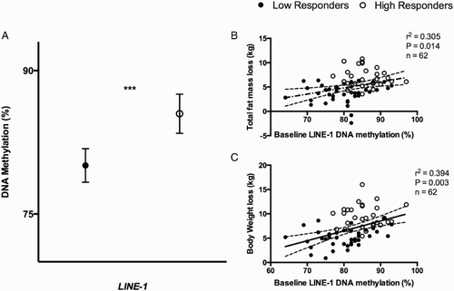 Figure 1 Baseline DNA methylation levels of low and high responders to the intervention. (A) Baseline DNA methylation levels (%) of low responders and high responders adjusted for age, gender, and number of plate. P from ANCOVA test: *0.05 < P < 0.01; ***P < 0.001. (B) Pearson's correlation between total fat mass loss (kg) and baseline DNA methylation levels (%) of LINE-1; (C) Pearson's correlation between body weight loss (as kg) and baseline DNA methylation levels (%) of LINE-1. r 2 represents Pearson correlation coefficient and P is the stringency of the correlation. A P < 0.05 was considered statistically significant. Full circles: LR; empty circles: HR.