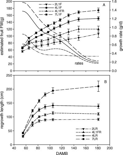 Fig. 2  Time sequence of fruit and vegetative growth for treatments with varying numbers of leaves (L) and fruit (F) in year 1. (A) Estimated fruit fresh weights (FW) based upon LDD. Lines with data points and standard errors show the fruit FW, while the smooth lines alone are the corresponding growth rates calculated using cubic spline fitting to the size data using the R statistical language. (B) Measured regrowth lengths.