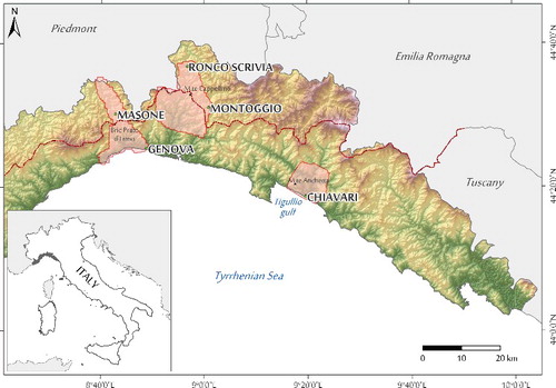 Figure 2. Relief terrain of the study area within the Liguria region (northwestern Italy); the three areas of Masone-Genova (MG), Polcevera-Scrivia (PS) and Chiavari (C) are highlighted in light red; red dash-dot line represents the ‘Ligure-Padano’ watershed.