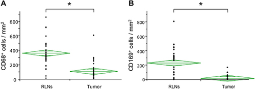 Figure 2 (A) Numbers of CD68+ macrophages in RLNs and tumor. CD68+ macrophages were more abundant in RLNs than in tumors significantly (*=p < 0.0001). (B) Numbers of CD169+ macrophages in RLNs and tumor. CD169+ macrophages were also more abundant in RLNs than in tumors significantly (*=p < 0.0001). Although occasional infiltration of CD169+ macrophages in tumor was observed in some cases, the number of CD169+ macrophages in tumor was much smaller than that in the RLNs.