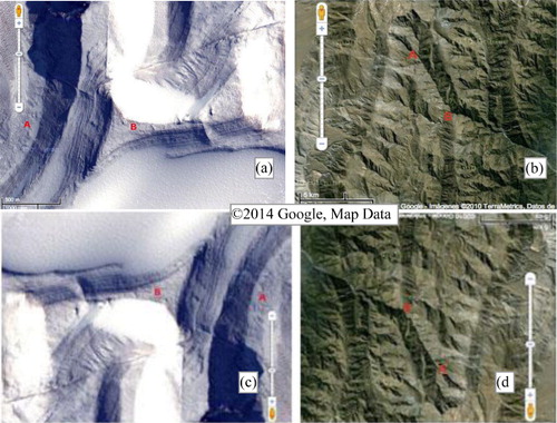 Figure 3. (a) and (b) are example stimuli from the first questionnaire, and (c) and (d) are examples from the second. Example questions for these stimuli are: (a) and (c) Point A is located in a place higher/lower than B (b) and (d) Line AB looks like a valley/ridge.