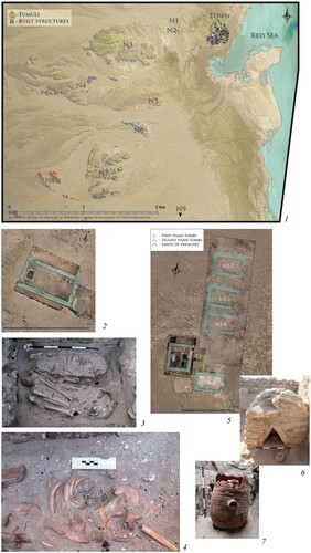 Figure 1. The location of Berenike with illustrations of the tombs excavated there: 1) Berenike town and cemeteries (by M. Gwiazda, M. Łuba, M. Wiktorzak, Sz. Popławski, © Maxar Technologies, and NTT DATA Corporation and the Berenike Project); 2) orthophotographic plan of chamber Tomb N1-3 (by P. Czernic and M. Gwiazda and the Berenike Project); 3) burials in the northeastern burial chest of Tomb N1-3 (photograph by M. Gwiazda and the Berenike Project); 4: jewellery remains in Tomb N1-3 (photograph by M. Gwiazda and the Berenike Project); 5: orthophotographic plan of the southern part (N2) of the northwestern cemetery (by P. Czernic and M. Gwiazda and the Berenike Project); 6: front side of shaft superstructure in the enclosure of Tomb N2-1 (photograph by M. Gwiazda and the Berenike Project); 7: ossuary in the same shaft (photograph by M. Gwiazda and the Berenike Project).