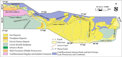 Figure 2. Geological map of the Trans-Yamuna area with faults, fluvial terraces and lithotectonic units. Terrace group assignments modeled after (Nossin Citation1971) and (Khan and Dubey Citation1981). Map modified after (Oatney et al. Citation2001).