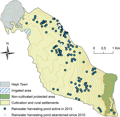 Figure 7. Map showing the distribution of rainwater harvesting ponds active in 2013 and ponds abandoned since 2010 as well as the approximate extension of land irrigated by river water.