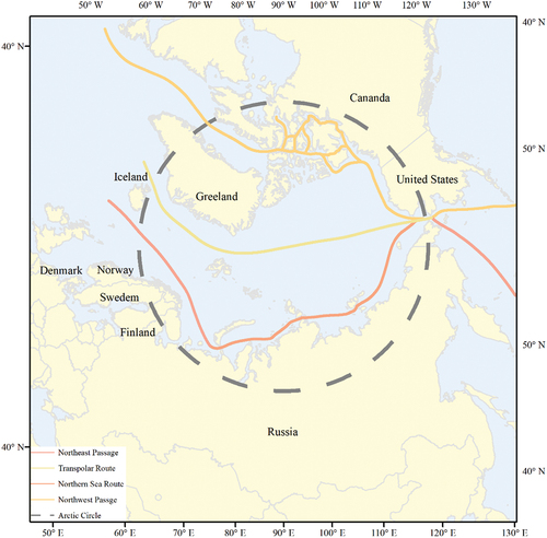 Figure 1. Sketch map of the Arctic Passage (the boundary was obtained from natural earth (http://www.naturalearthdata.com/), figure quoted from (C. Wang et al., Citation2022)).