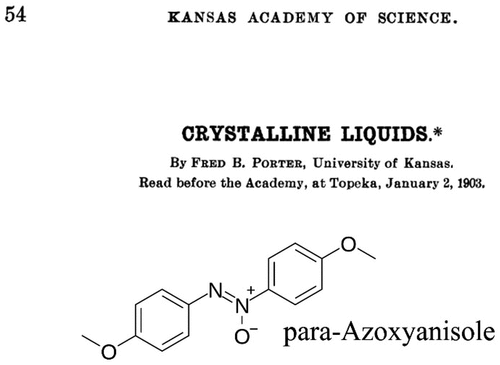 Figure 1. Porter’s paper reporting the synthesis of paraazoxyanisole (top) and its chemical formula (bottom).