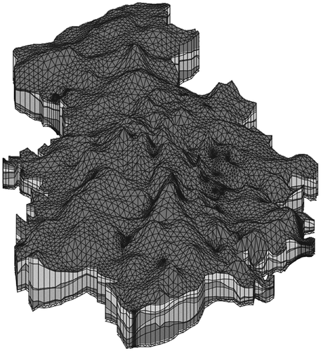 Figure 5. Waterloo Moraine model, three-dimensional finite element grid (from Martin and Frind Citation1998, with permission).